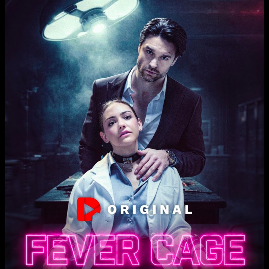A dramatic promotional image for the series 'Fever Cage,' featuring a woman in a lab coat and a man in a suit, set against a dark, moody backdrop with overhead lighting.